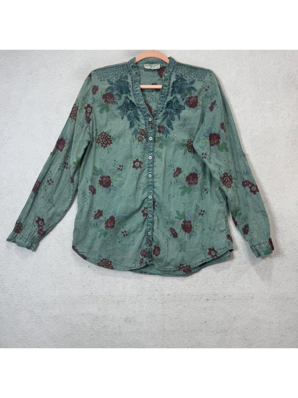 Vintage Goa Blouse Womens Large Green Floral Embroidered Button Front V Neck